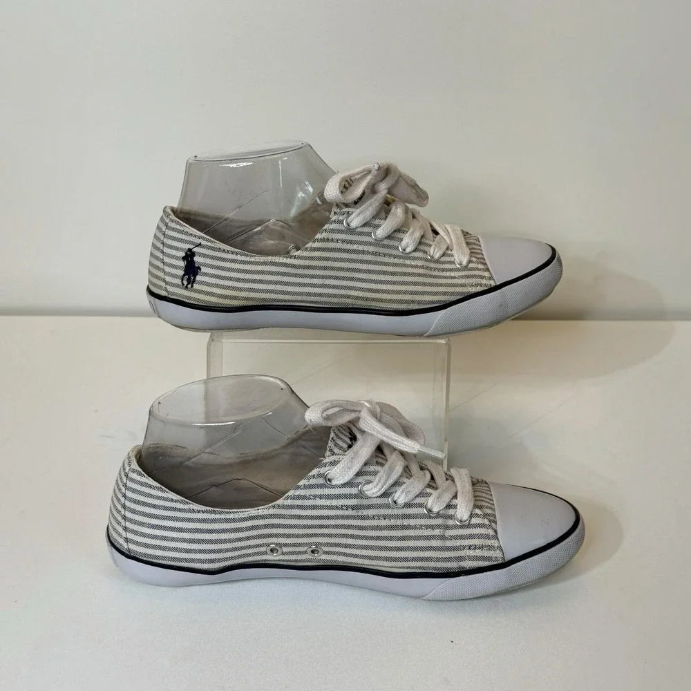 Polo Ralph Lauren Parnell Womens Sneaker 7.5B Blue White Striped Canvas Shoe